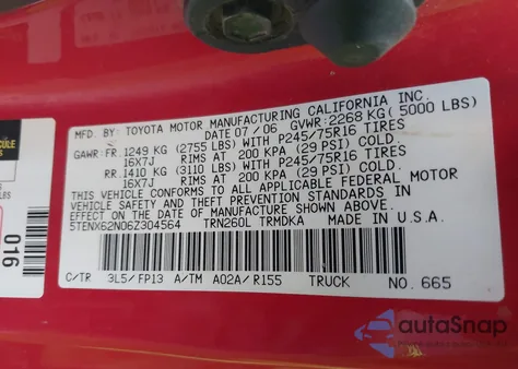 2006 Toyota Tacoma Prerunner z USA, uszkodzony, nr VIN 5TENX62N06Z304564
